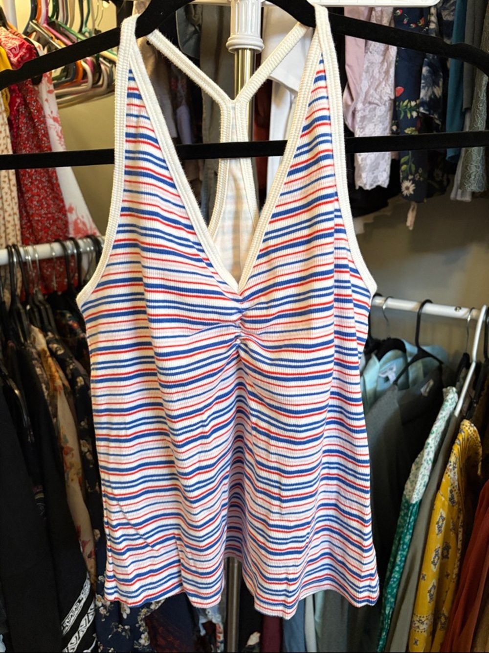 Old Navy Ribbed Racerback Tank - White with Blue & Red Stripes